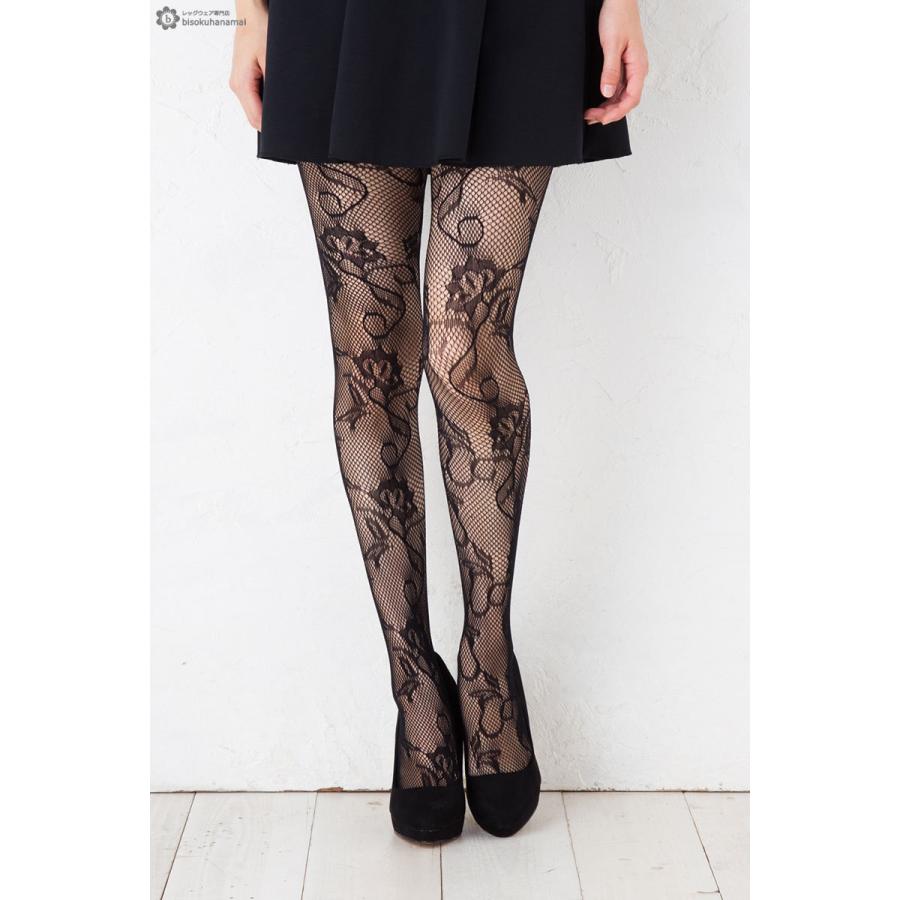 蔦花柄ラッセルタイツ ブラック M-L 網タイツ 柄ストッキング レディース net tights stockings ladies｜lops