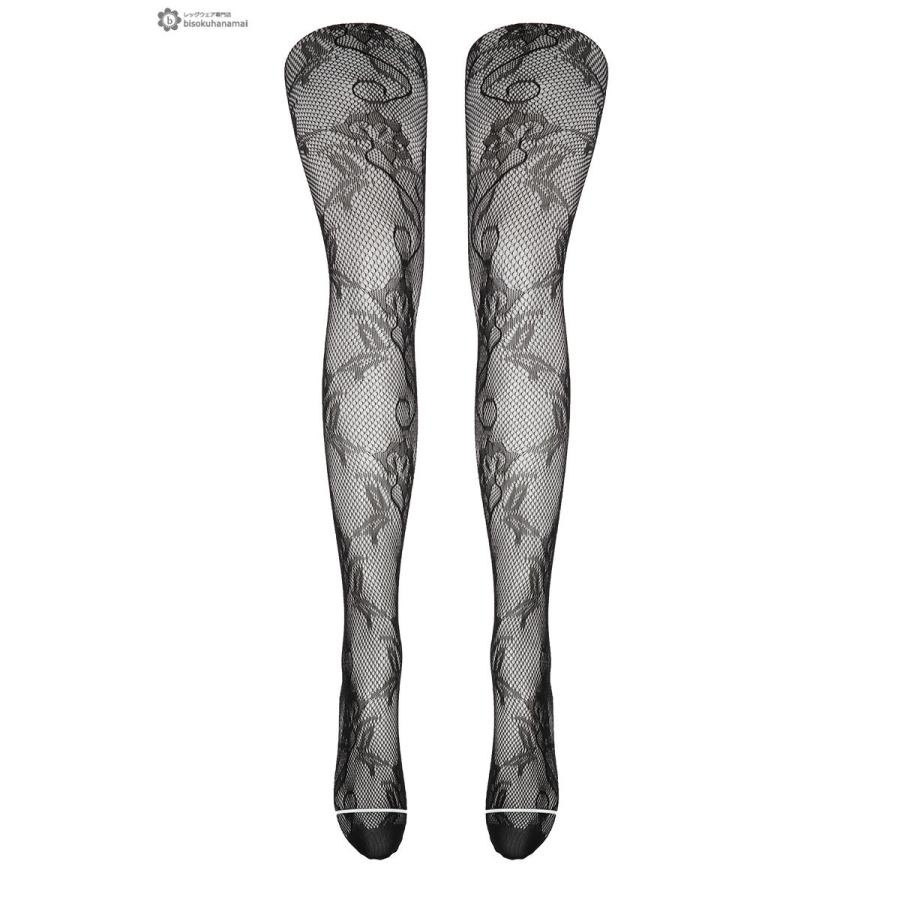蔦花柄ラッセルタイツ ブラック M-L 網タイツ 柄ストッキング