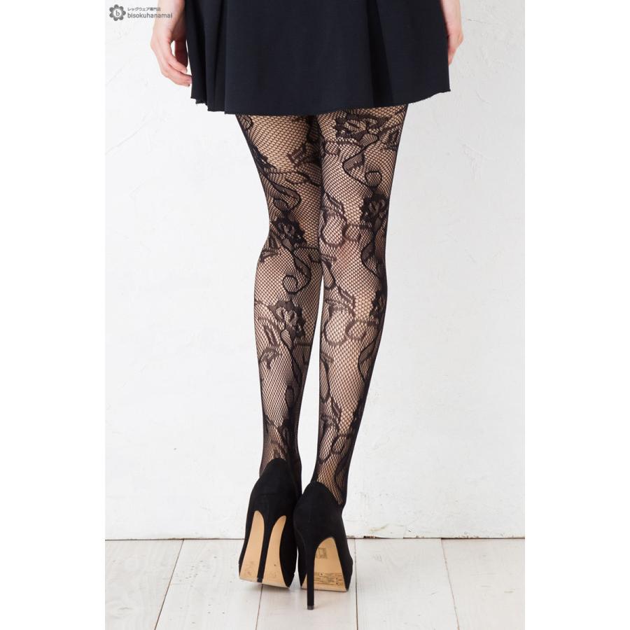 蔦花柄ラッセルタイツ ブラック M-L 網タイツ 柄ストッキング レディース net tights stockings ladies｜lops｜03