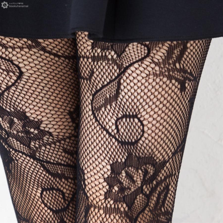 蔦花柄ラッセルタイツ ブラック M-L 網タイツ 柄ストッキング