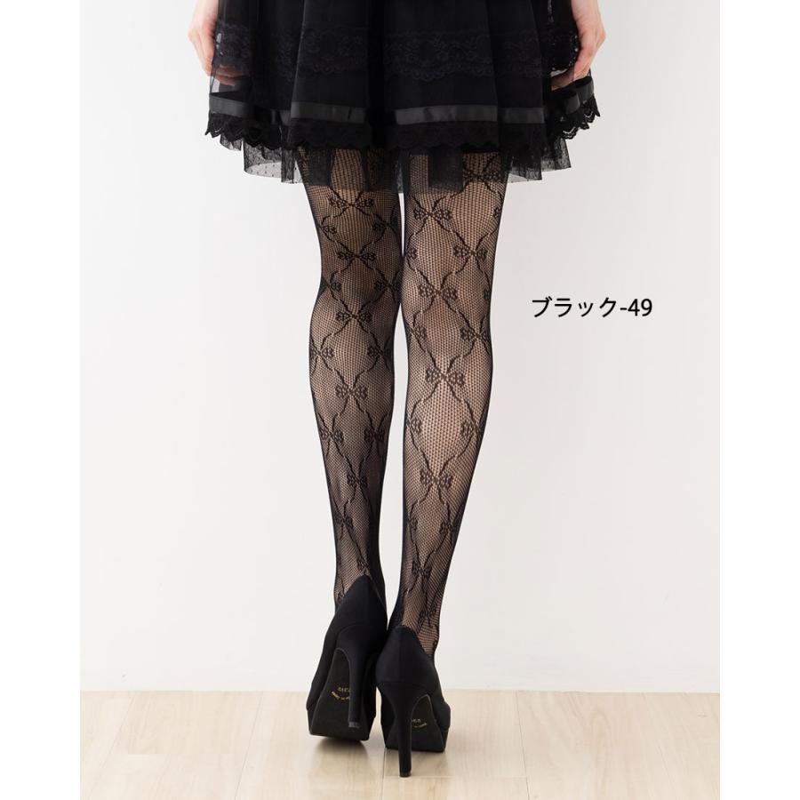 リボン柄 レースタイツ M-L 白・黒・グレー レディース ラッセル 網