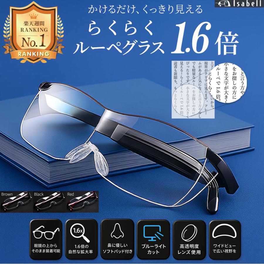 拡大鏡 ルーペ おしゃれ メガネ ブルーライトカット メガネ型ルーペ メガネ型拡大ルーペ 1.6倍 読書用 高性能 フレームレス ケース付き |  | 05