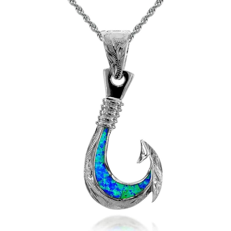 大特価 レイラニ ハワイアンジュエリー 釣り針 フィッシュフック ブルーオパール ペンダント ネックレス メンズ シルバー 925 ロープチェーン わけあり並の激安価格 Www Skylanceronline Com