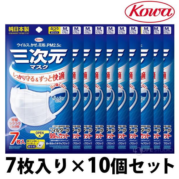 三次元マスク ふつうサイズ 7枚入×10個セット サージカルマスク 不織布 日本製 4層 興和 純日本製 ホワイト 使い捨て 白 ウイルス対策 花粉｜loupe｜02