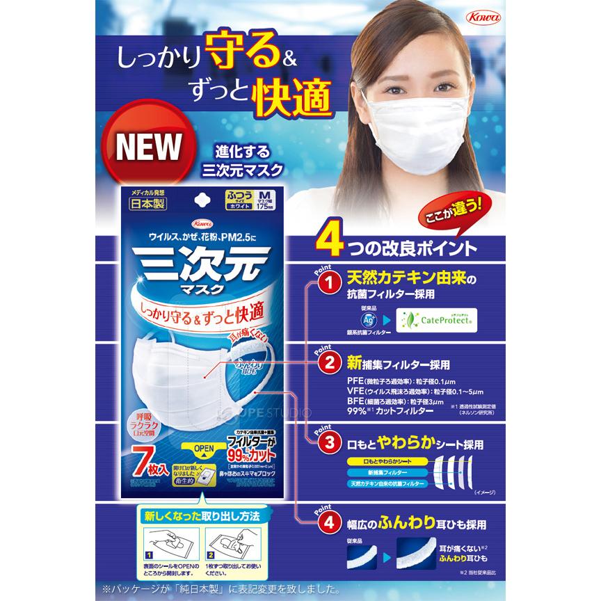 三次元マスク ふつうサイズ 7枚入×10個セット サージカルマスク 不織布 日本製 4層 興和 純日本製 ホワイト 使い捨て 白 ウイルス対策 花粉｜loupe｜04