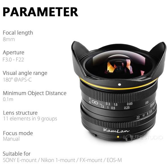 カメラレンズ 8mm F3.0 KAMLAN カムラン レンズ 超広角単焦点レンズ 超