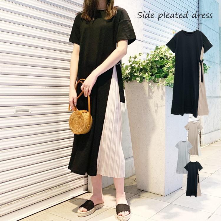ワンピース 脇プリーツ ロング丈 カットソー クルーネック 丸首 襟なし 半袖 173 2227 Lovcaラヴカ 通販 Yahoo ショッピング