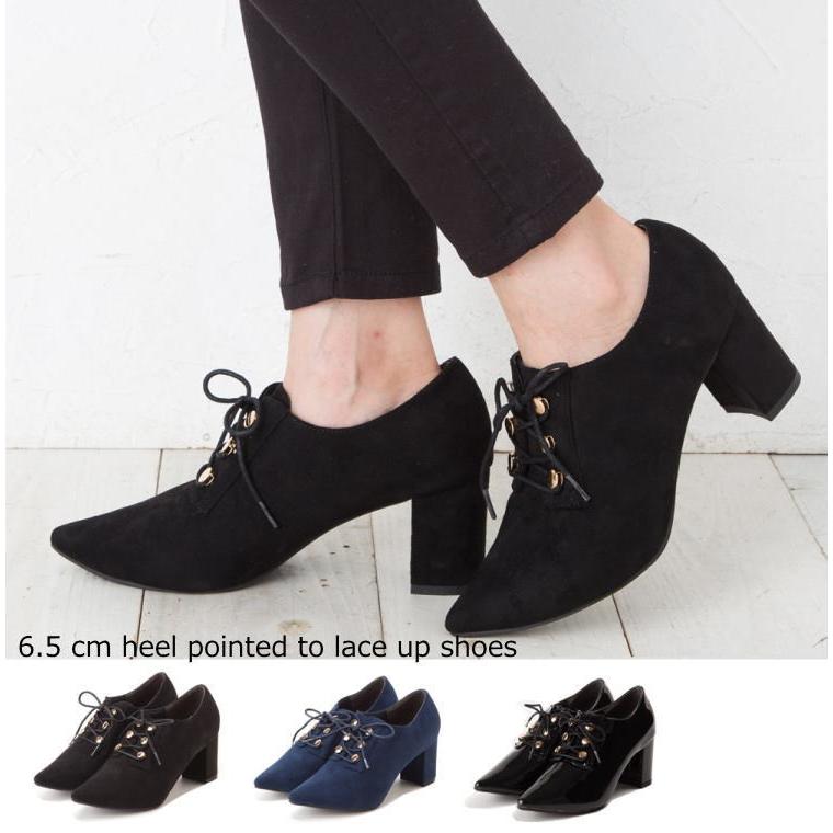 シューズ レディース レースアップ ポインテッドトゥ 6 5cm ヒール カジュアル パンプス 靴 紐靴 ナポレオン ゴールド金具 チャンキーヒール 313 98 Lovcaラヴカ 通販 Yahoo ショッピング