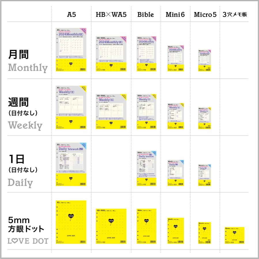 システム手帳 リフィル ミニ6穴 ウィークリー 日付なし 見開き4日間 ブロック式 55枚（190日分） mini6 ミニ6 ラブリーフ｜love-leaf｜07