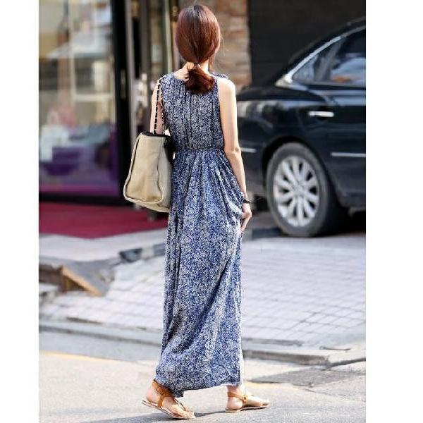 サマードレス マキシワンピ ワンピース ロング ボヘミアン リゾート 韓国 ファッション ハイウエスト ブルー 青 花柄 小花 ゴージャス エレガント 62 5 Love4you 通販 Yahoo ショッピング