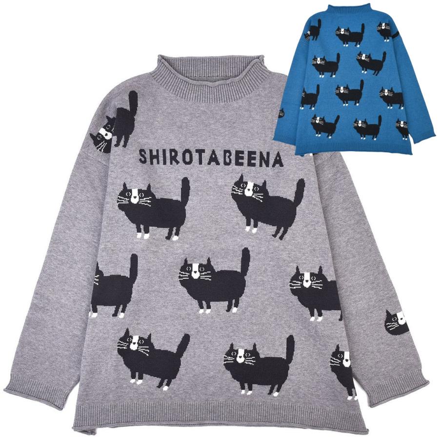 レオナールスポーツ★遊び心溢れる総柄ニット！猫ストライプ柄 ハイネックセーター kusuguru（クスグル） なめらかでもちっとした肌触り肉厚 プルオーバー