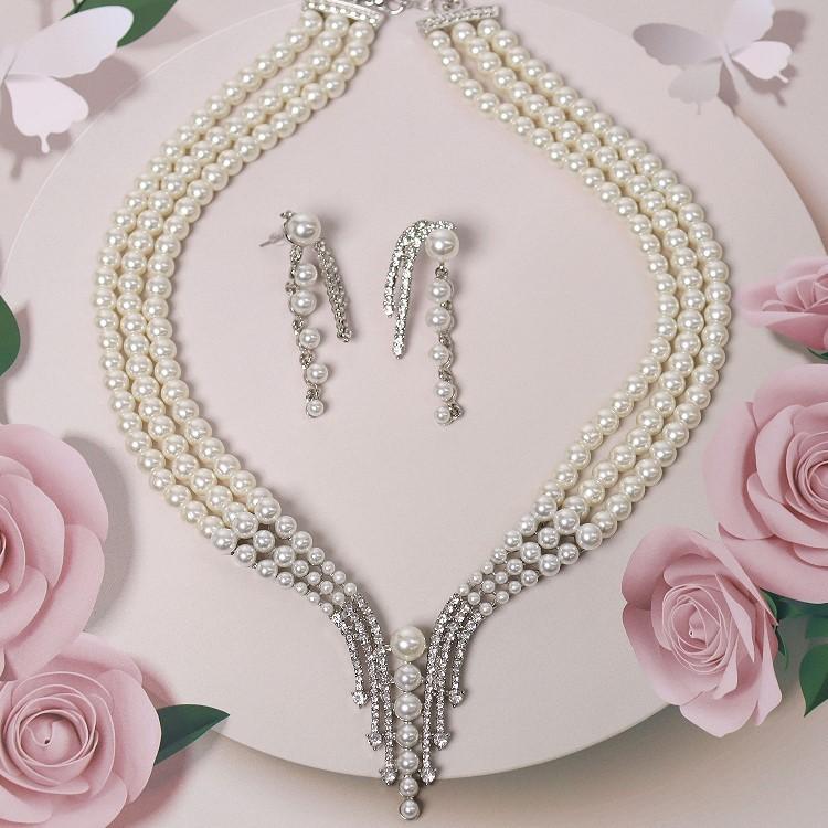 パーティーネックレス ピアスセット 3連パールネックレス レディース 結婚式 フォトウエディング アクセサリー 発表会 ラインストーン装飾 二次会 お呼ばれ_14