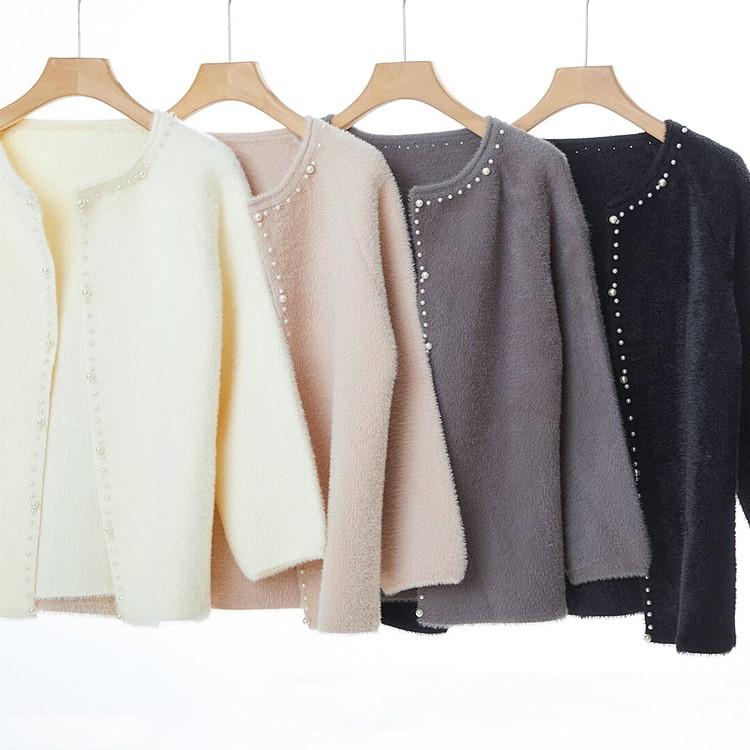 シャギーニット ジャケット レディース 襟淵どりパール装飾 アウター