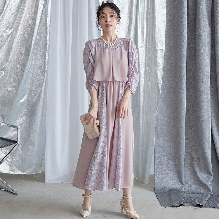 パーティードレス 袖あり 7分袖 ロング丈 結婚式 ワンピース シフォン 