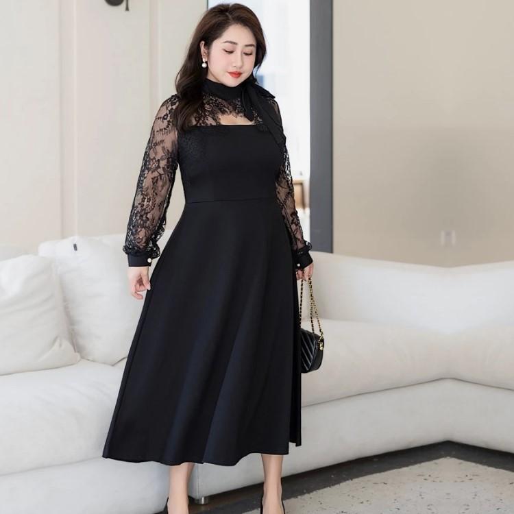 パーティードレス 大きいサイズ 5Lから9L 長袖 レース重ね着デザイン