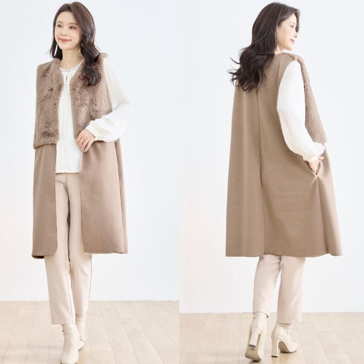 エコファーロングベスト フェイクファー 切替えデザイン ニット ロング