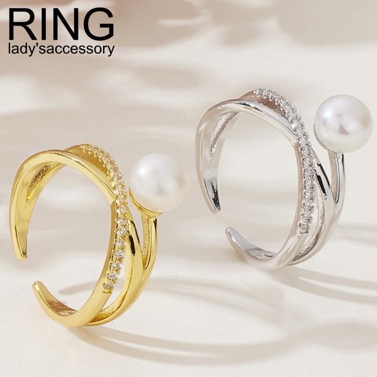 指輪 レディース パール クロスリング ラインストーン Cリング 2