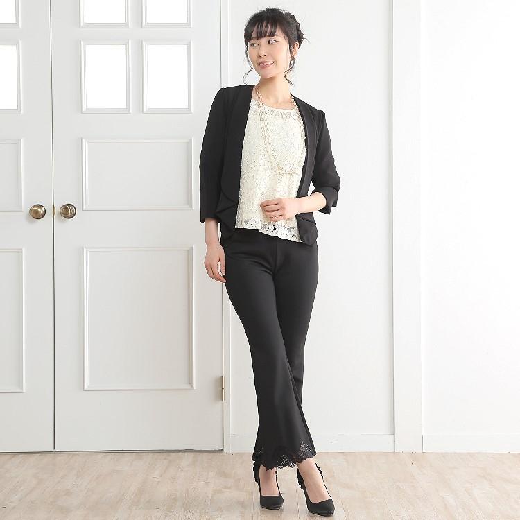 ストレッチバンツ 裾レース切替え ボトム レディース 美脚パンツ