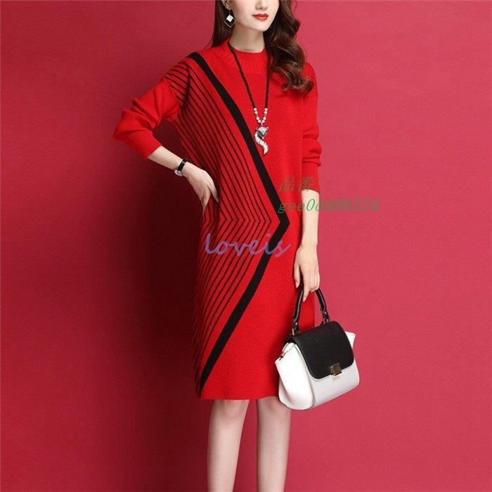 ニットワンピース レディース 秋冬 膝丈 配色 セーター ワンピース 着痩せ30代 上品 ワンピース 通勤 メリヤス 厚手長袖 きれいめ 体型カバー 40代 50代オシャレ 芸能人愛用