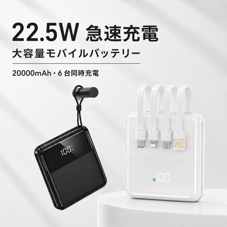モバイルバッテリー 20000mAh 大容量 ケーブル内蔵 急速充電 Type-C LED残量表示 PSE認証 小型 軽量 iPhone Android 6台同時充電 機内持ち込み 旅行 出張 防災用