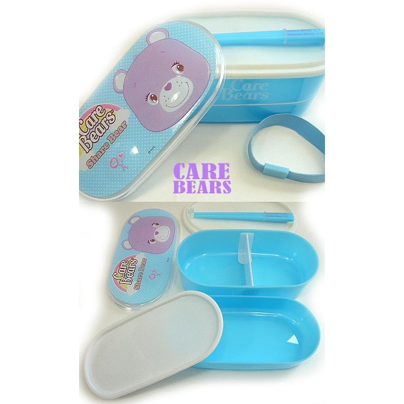 B【未使用】ケアベアソフビ貯金箱 3点セット ケアベア Care Bears 箸付 2段 ランチボックス お弁当箱 シェアベア 青
