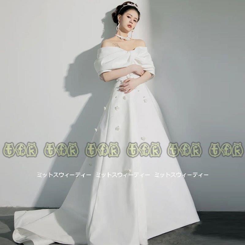 純正売 ウェディングドレス 花嫁 二次会 ウエディングドレス 結婚式 前撮り 披露宴 ロングドレス 白 オフショルダー リボン 床付き トレーン ホワイト 上品 大人可愛い 値下げ事業 Ssl Daikyogo Or Jp