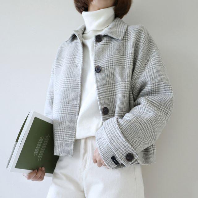 コート レディース ステンカラー ウール混 ショート丈 チェック柄 ジャケット 大きいサイズ グレー ランタンスリーブ 長袖 厚手 春 秋 冬 20代 30代 40代 | ブランド登録なし | 01