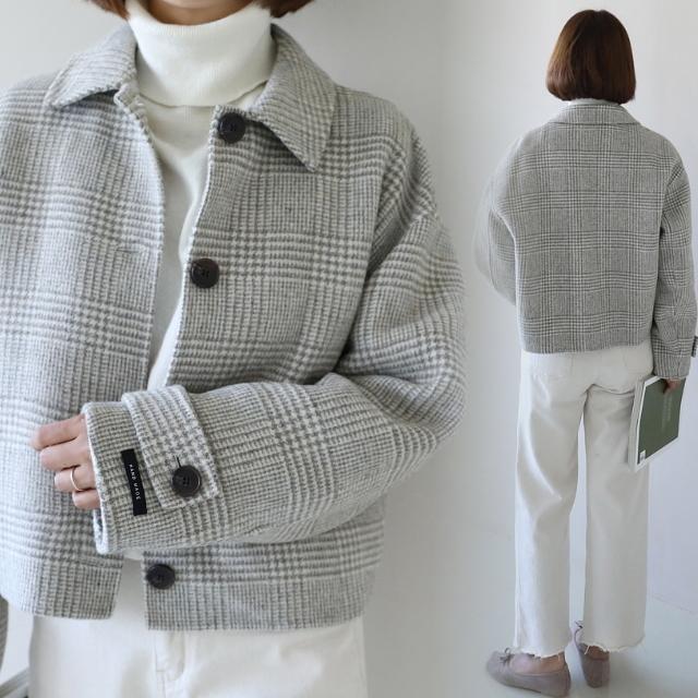 コート レディース ステンカラー ウール混 ショート丈 チェック柄 ジャケット 大きいサイズ グレー ランタンスリーブ 長袖 厚手 春 秋 冬 20代 30代 40代 | ブランド登録なし | 10