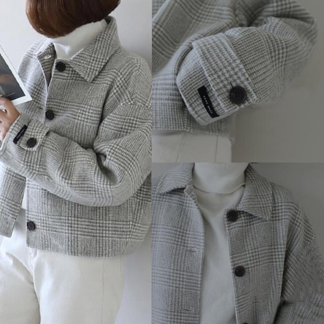 コート レディース ステンカラー ウール混 ショート丈 チェック柄 ジャケット 大きいサイズ グレー ランタンスリーブ 長袖 厚手 春 秋 冬 20代 30代 40代 | ブランド登録なし | 11