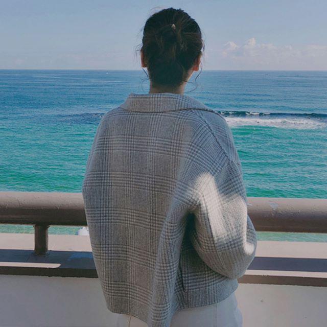 コート レディース ステンカラー ウール混 ショート丈 チェック柄 ジャケット 大きいサイズ グレー ランタンスリーブ 長袖 厚手 春 秋 冬 20代 30代 40代 | ブランド登録なし | 03