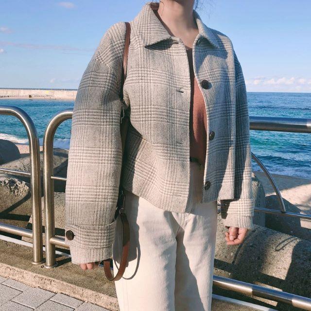 コート レディース ステンカラー ウール混 ショート丈 チェック柄 ジャケット 大きいサイズ グレー ランタンスリーブ 長袖 厚手 春 秋 冬 20代 30代 40代 | ブランド登録なし | 04