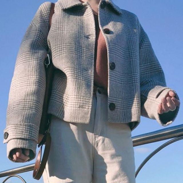 コート レディース ステンカラー ウール混 ショート丈 チェック柄 ジャケット 大きいサイズ グレー ランタンスリーブ 長袖 厚手 春 秋 冬 20代 30代 40代 | ブランド登録なし | 05