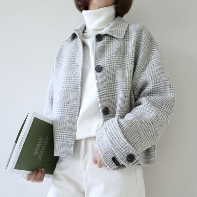 コート レディース ステンカラー ウール混 ショート丈 チェック柄 ジャケット 大きいサイズ グレー ランタンスリーブ 長袖 厚手 春 秋 冬 20代 30代 40代 | ブランド登録なし | 07
