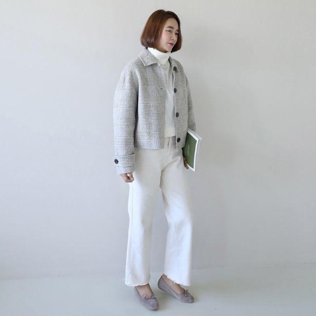 コート レディース ステンカラー ウール混 ショート丈 チェック柄 ジャケット 大きいサイズ グレー ランタンスリーブ 長袖 厚手 春 秋 冬 20代 30代 40代 | ブランド登録なし | 09