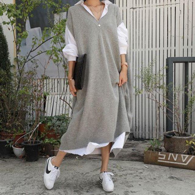 ニット ベスト レディース 大きいサイズ ロング Vネック ワンピース おしゃれ 無地 重ね着 ゆったり グレー ドロップショルダー 春 秋 冬 代 30代 40代