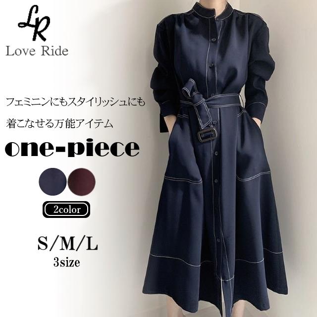 ドレス ワンピース レディース きれいめ ロング シャツ ステッチ ハイ