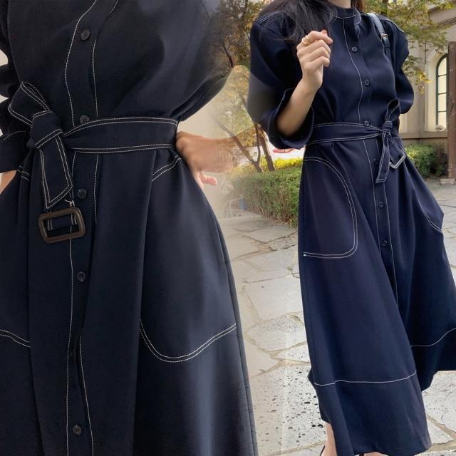 ドレス ワンピース レディース きれいめ ロング シャツ ステッチ ハイ