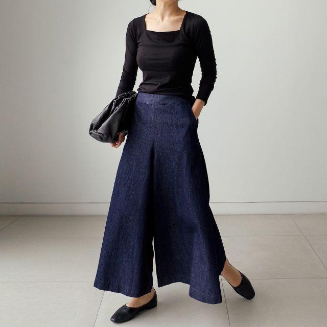 デニム ワイドパンツ ルック レディース ジーンズ ガウチョ ボトムス おしゃれ 大きいサイズ ネイビー 太め カジュアル 九分丈 春 夏 秋 冬 20代 30代 40代 | ブランド登録なし | 07