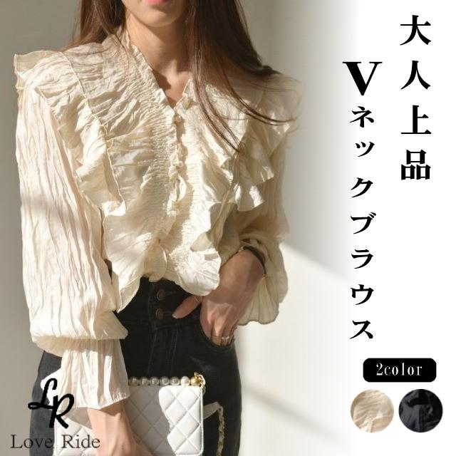 シャツ ブラウス レディース 長袖 オフィス Vネック フリル フレア 立ち襟 おしゃれ 上品 薄手 ベージュ 黒 無地 大きいサイズ 春 夏 秋 冬 20代 30代 40代 | ブランド登録なし