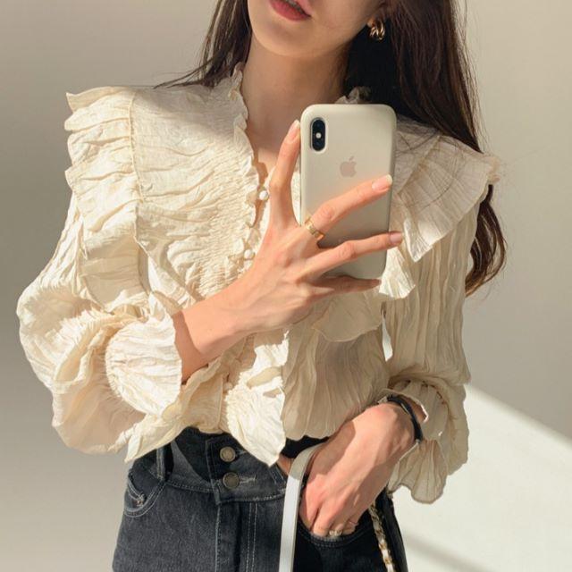 シャツ ブラウス レディース 長袖 オフィス Vネック フリル フレア 立ち襟 おしゃれ 上品 薄手 ベージュ 黒 無地 大きいサイズ 春 夏 秋 冬 20代 30代 40代 | ブランド登録なし | 01