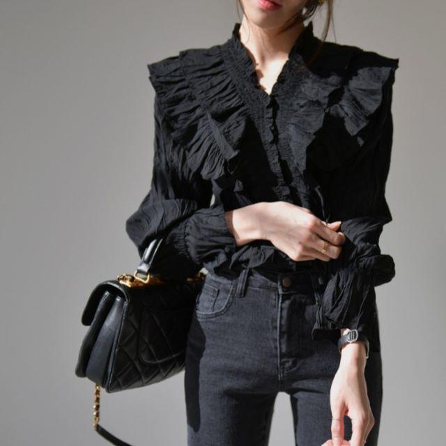 シャツ ブラウス レディース 長袖 オフィス Vネック フリル フレア 立ち襟 おしゃれ 上品 薄手 ベージュ 黒 無地 大きいサイズ 春 夏 秋 冬 20代 30代 40代 | ブランド登録なし | 11