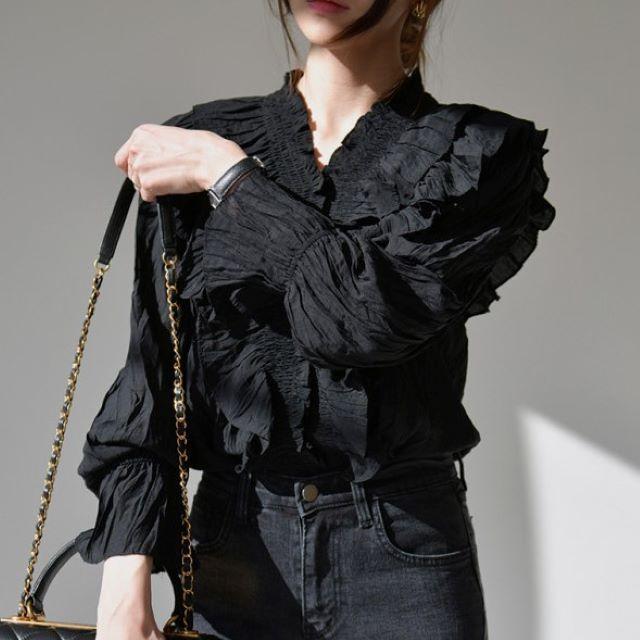 シャツ ブラウス レディース 長袖 オフィス Vネック フリル フレア 立ち襟 おしゃれ 上品 薄手 ベージュ 黒 無地 大きいサイズ 春 夏 秋 冬 20代 30代 40代 | ブランド登録なし | 12