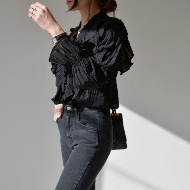 シャツ ブラウス レディース 長袖 オフィス Vネック フリル フレア 立ち襟 おしゃれ 上品 薄手 ベージュ 黒 無地 大きいサイズ 春 夏 秋 冬 20代 30代 40代 | ブランド登録なし | 14