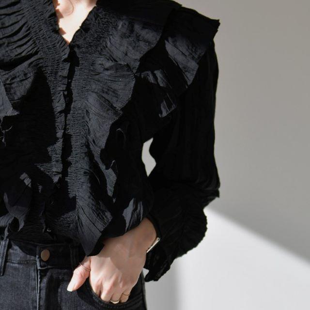 シャツ ブラウス レディース 長袖 オフィス Vネック フリル フレア 立ち襟 おしゃれ 上品 薄手 ベージュ 黒 無地 大きいサイズ 春 夏 秋 冬 20代 30代 40代 | ブランド登録なし | 15