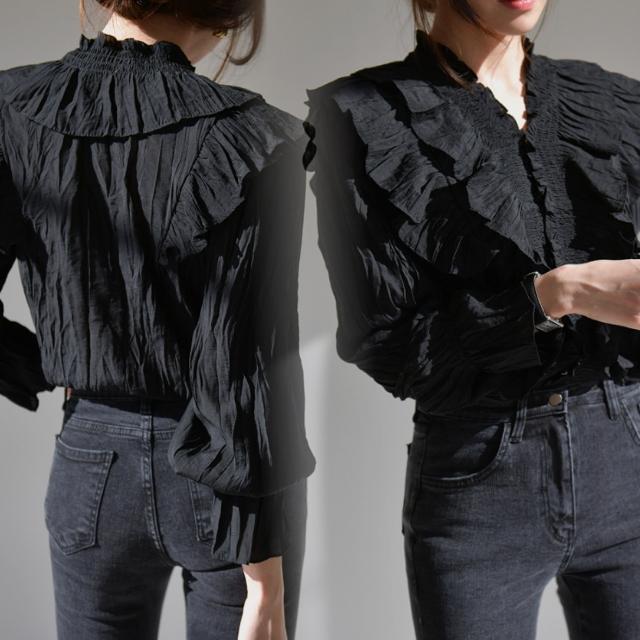 シャツ ブラウス レディース 長袖 オフィス Vネック フリル フレア 立ち襟 おしゃれ 上品 薄手 ベージュ 黒 無地 大きいサイズ 春 夏 秋 冬 20代 30代 40代 | ブランド登録なし | 16