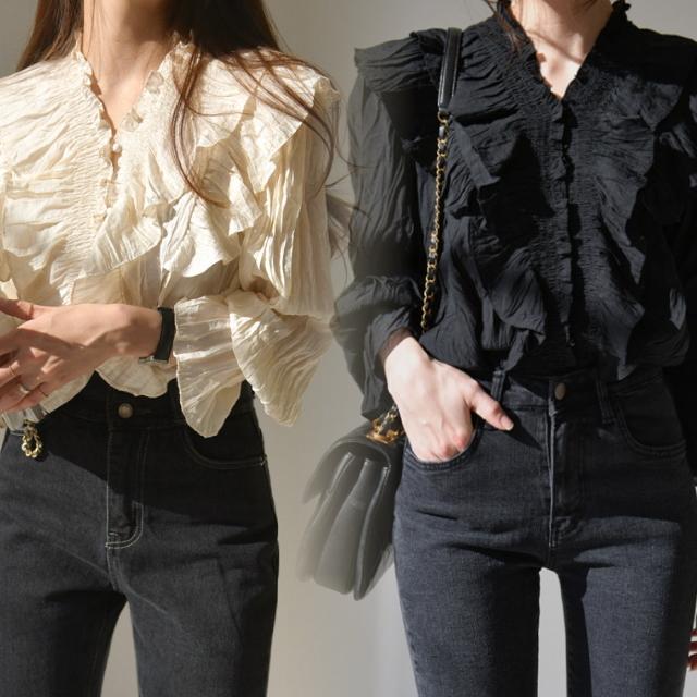 シャツ ブラウス レディース 長袖 オフィス Vネック フリル フレア 立ち襟 おしゃれ 上品 薄手 ベージュ 黒 無地 大きいサイズ 春 夏 秋 冬 20代 30代 40代 | ブランド登録なし | 17