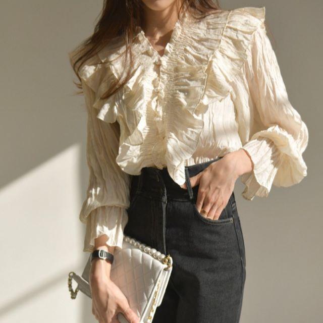 シャツ ブラウス レディース 長袖 オフィス Vネック フリル フレア 立ち襟 おしゃれ 上品 薄手 ベージュ 黒 無地 大きいサイズ 春 夏 秋 冬 20代 30代 40代 | ブランド登録なし | 02