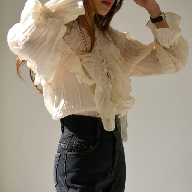 シャツ ブラウス レディース 長袖 オフィス Vネック フリル フレア 立ち襟 おしゃれ 上品 薄手 ベージュ 黒 無地 大きいサイズ 春 夏 秋 冬 20代 30代 40代 | ブランド登録なし | 03