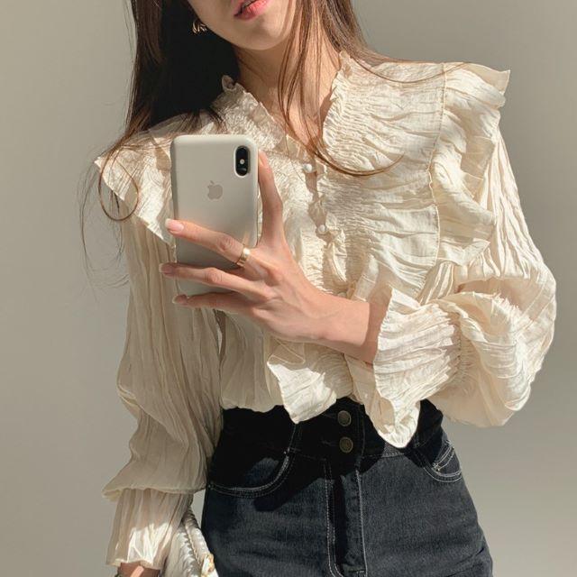 シャツ ブラウス レディース 長袖 オフィス Vネック フリル フレア 立ち襟 おしゃれ 上品 薄手 ベージュ 黒 無地 大きいサイズ 春 夏 秋 冬 20代 30代 40代 | ブランド登録なし | 04