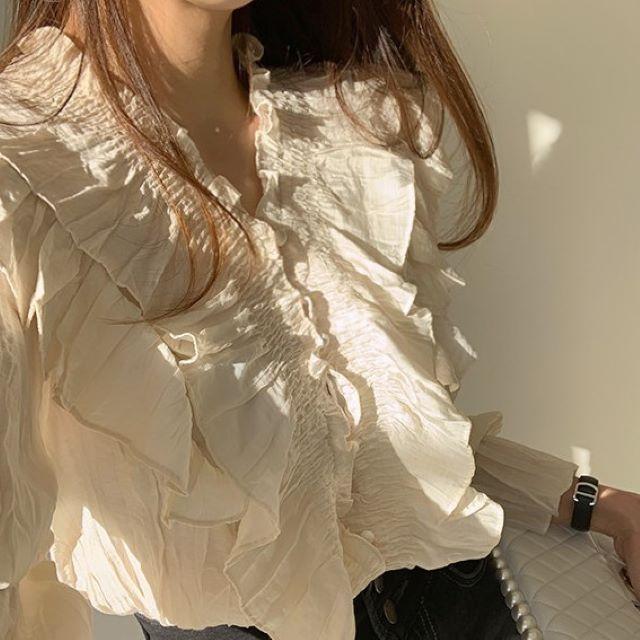 シャツ ブラウス レディース 長袖 オフィス Vネック フリル フレア 立ち襟 おしゃれ 上品 薄手 ベージュ 黒 無地 大きいサイズ 春 夏 秋 冬 20代 30代 40代 | ブランド登録なし | 05